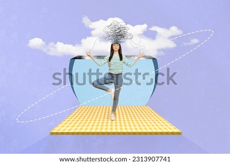 Poster picture 3d sketch artwork collage of focused concentrated girl practicing yoga meditation fly air isolated on painted background