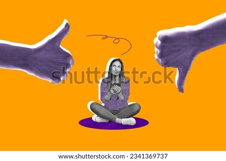 Poster picture artwork template 3d collage of minded girl choose positive or negative reaction isolated on painted background