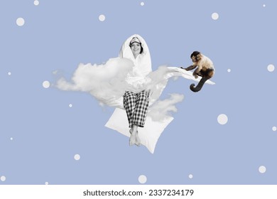 Poster picture collage of cute charming cheerful girl wrapped soft comfy blanket preparing sleep isolated on painted blue background