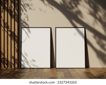 Poster picture frame mockup on wooden tiles floor with aesthetic shadow
