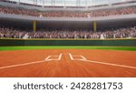 Poster to promote local sports matches. 3D render of empty baseball arena, open air stadium with tribune filled with fans. Concept of professional sport, competition, championship, game