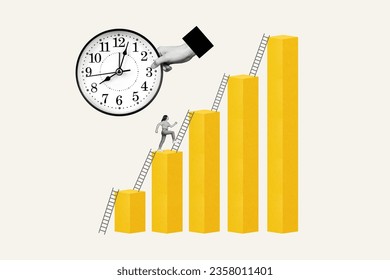 Poster retro pop picture collage of ambitious woman going upstairs career success isolated on drawing white background