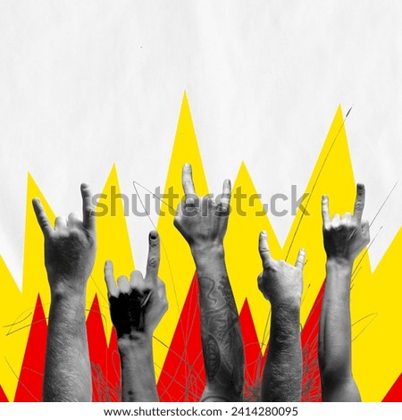 Poster for a rock music festival, celebrating the spirit and enthusiasm of the genre. Multiple hands making the rock n' roll sign with a vibrant abstract background, representing musical passion.