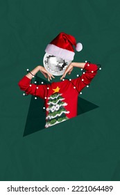 Poster seasonal collage of weird person with disco ball face prepare for christmas night eve event