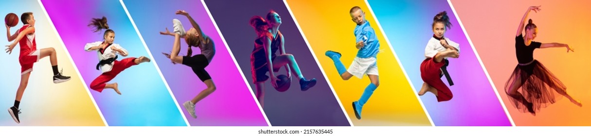 Poster. Soccer football, basketball, taekwondo, boxing, gymnastics and tennis. Collage of different little sportsmen in action and motion isolated on multicolored background in neon. Flyer. Sport for