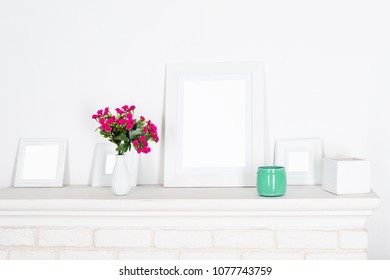Poster and square frames mockup with decor elements, flowers and blank copy space on white background.