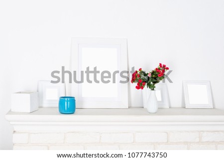 Poster and square frames mockup with decor elements, flowers and blank copy space on white background.