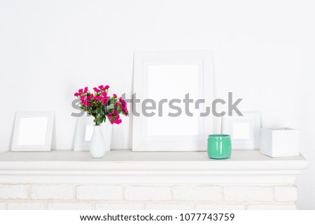 Poster and square frames mockup with decor elements, flowers and blank copy space on white background.