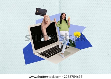 Poster template collage of businesswoman reading smart gadget salary wages receive on debit card transfer transaction concept