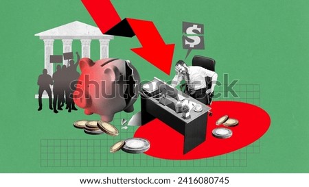 Poster for webinar on influence of socio-political factors on savings. Businessman sitter at desk and showing despair. Money loss. Contemporary art. Concept of economic crisis, business, finances