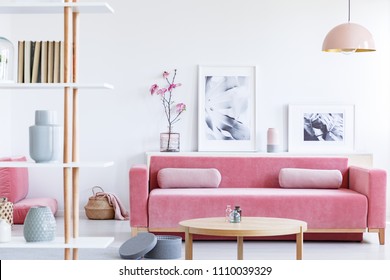 Posters And Flowers Above Pink Sofa In Pastel Living Room Interior With Wooden Table. Real Photo