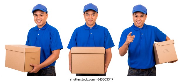 postman in blue uniform with parcel cardboard box