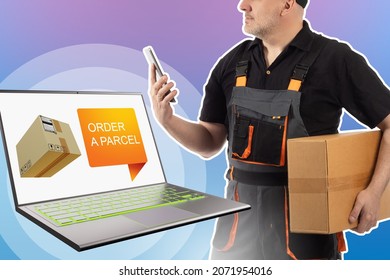 Postman With Box In His Hands. Package Cardboard Box In Man's Hand. Delivery Man Looks Into Smartphone. Courier Fulfills Order. Execution Of Orders By Supplier. Order Parcel Logo In Laptop.