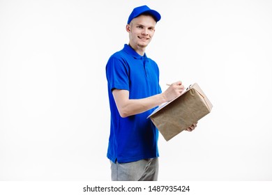 Postman registers the parcel for international shipping.