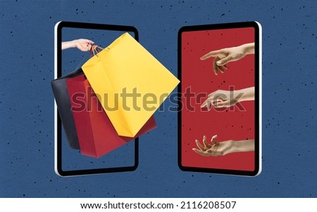 Post-pandemic lifestyle. Female hands sticking out tablet screen and making online shopping isolated over blue background. Contemporary collage. Sport, healthy lifestyle. Copy space for ad