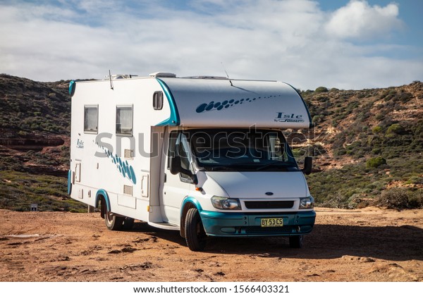 POT ALLEY, WESTERN AUSTRALIA - JULY 3,\
2018: Ford Transit caravan of the Sunliner Isle company which is\
renting motorhomes in Australia for\
adventures