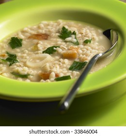 Pot Barley Soup With Pork Meat Pieces