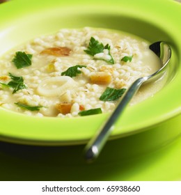 Pot Barley Soup With Pork Meat Pieces