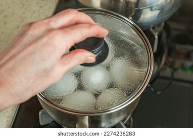 Pot of boiling water in which white chicken eggs are boiled. Water boils and boils in pan with boiled eggs. Female hand closes pan with boiled white chicken eggs with transparent glass roof. Close-up.