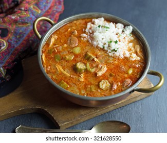 Pot Of Gumbo With A Scoop Of Rice. 