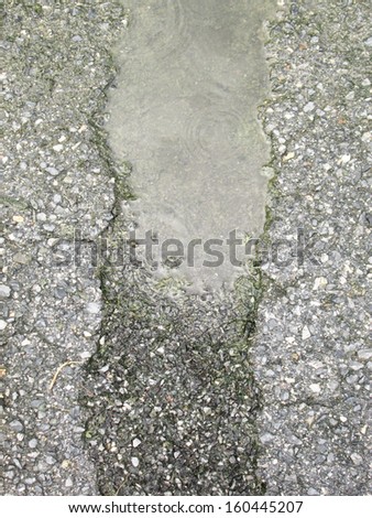 Pot hole or pothole image of a broken cracked asphalt pavement with a dirty water puddle as a transportation symbol of road maintenance and the car insurance risk to auto suspensions
