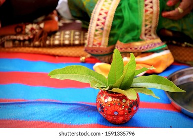 Pot With A Large Base And Small Mouth  Filled With Water And Topped With A Coronet Of Mango Leaves. This Combination Is Often Used In Hindu Rites And Depicted In Hindu Iconography.