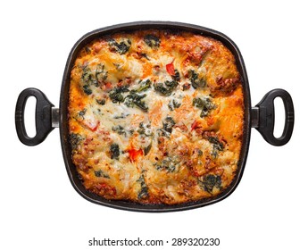 Pot Lasagna Isolated On White Background, View From Above