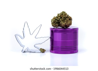 Pot  Leaf Cookie Cutter With A Marijuana Bud And Purple Aluminum Grinder