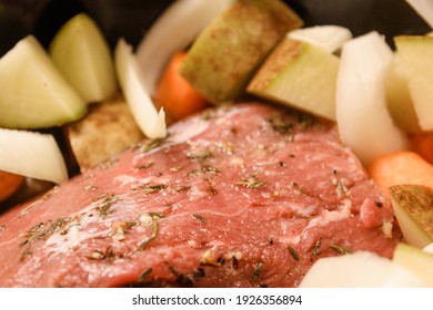 Pot Roast Dinner With Vegetables In The Crockpot