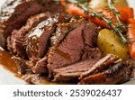 Pot Roast: A slow-cooked beef roast with carrots, potatoes, and onions, simmered until tender and flavorful, perfect for a hearty family dinner.