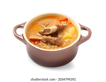 Pot Of Tasty Beef Barley Soup On White Background