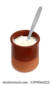 A Pot Of Yogurt With Spoon Isolated On A White Background (terracotta Pot)