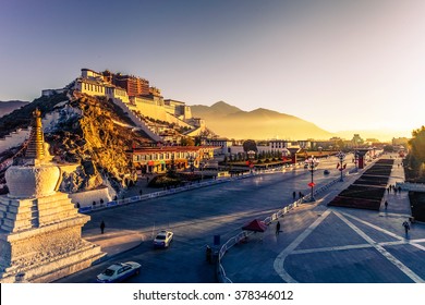Potala Palace and stupa at dusk in Lhasa, Tibet
