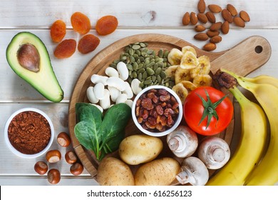 Potassium Food Sources As Dried Apricots, Raisins, Avocado, Cocoa, Bean, Pumpkin Seeds, Dried Banana, Potatoes, Tomatoes, Spinach, Mushrooms, Fresh Banana, Hazelnuts, Almonds.