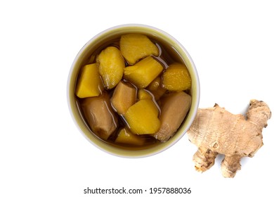 Potato Boiled In Sweet Ginger Juice On Isolated White Background. Vegetarian Food. Top View. With Clipping Path.