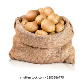 potato in burlap sack on white isolated background
