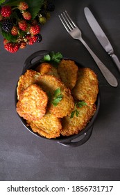 Potato Cakes. Vegetable Fritters, Latkes, Hash Browns. Vegetable Pancakes. Flat Lay, Layout, Overhead