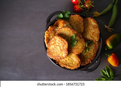 Potato Cakes. Vegetable Fritters, Latkes, Hash Browns. Vegetable Pancakes. Flat Lay, Layout, Overhead