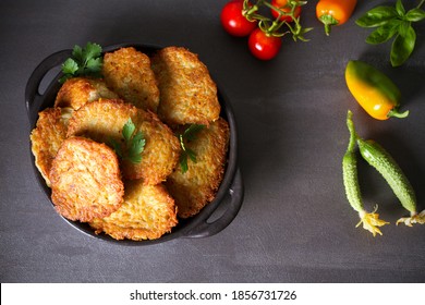 Potato Cakes. Vegetable Fritters, Latkes, Hash Browns. Vegetable Pancakes. Flat Lay, Layout, Overhead