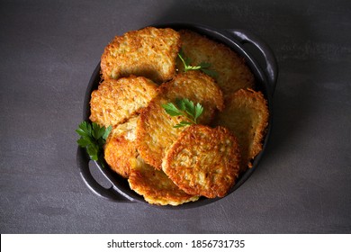 Potato Cakes. Vegetable Fritters, Latkes, Hash Browns. Vegetable Pancakes. Flat Lay, Layout, Overhead