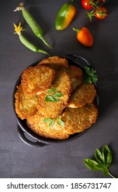 Potato Cakes. Vegetable Fritters, Latkes, Hash Browns. Vegetable Pancakes. Flat Lay, Layout, Overhead