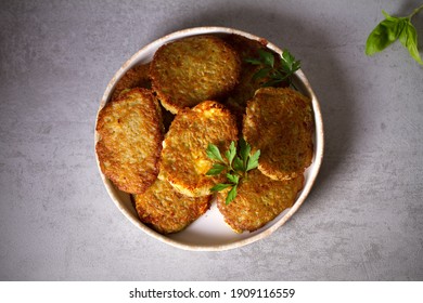 Potato Cakes. Vegetable Fritters, Latkes, Hash Browns. Vegetable Pancakes. Overhead View