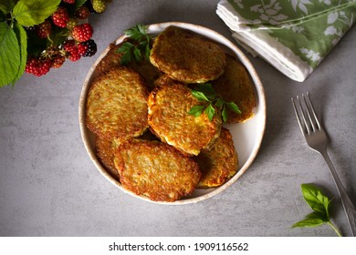 Potato Cakes. Vegetable Fritters, Latkes, Hash Browns. Vegetable Pancakes. Overhead View