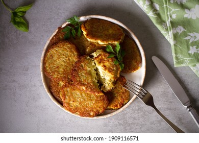 Potato Cakes. Vegetable Fritters, Latkes, Hash Browns. Vegetable Pancakes. Overhead View