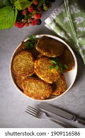 Potato Cakes. Vegetable Fritters, Latkes, Hash Browns. Vegetable Pancakes. Overhead View