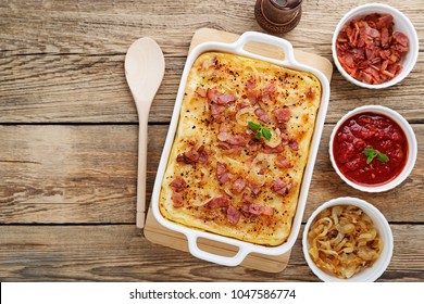  Potato Casserole With Parmesan Cheese, Cream And Delicious Fried Bacon.top View