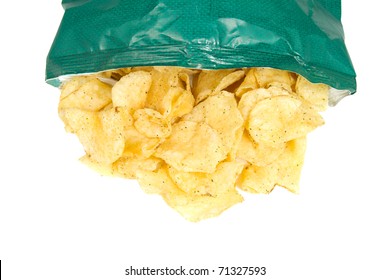 A Potato Chip Bag Spilling Potato Chips On A Pure White Background