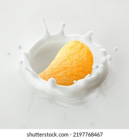 Potato Chip Falls Into Milk, Yoghurt, Sour Cream, Splash