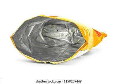 Potato chips bag isolated on white background. Inside of leftovers snack packaging.