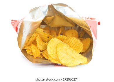 Potato Chips In Bag Open On White Background, Barbecue, BBQ 